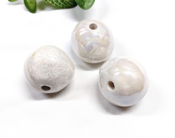 Macrame Extra Large Ceramic Ball, White Iridescent, 35mm, Organic Ceramic Round Bead, Handmade Enameled Ceramic, Glazed Greek Ceramic - 1pc