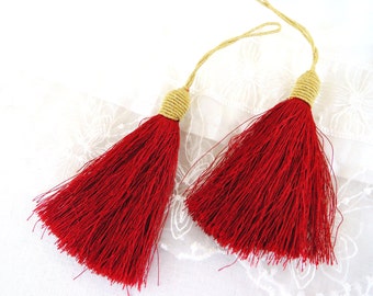 Red Maroon Gold Large Thread Mala Tassel, Thick Tassel Charm, Tassel Pendant, Silk Imitation, 80mm / 3,15" - 1 piece