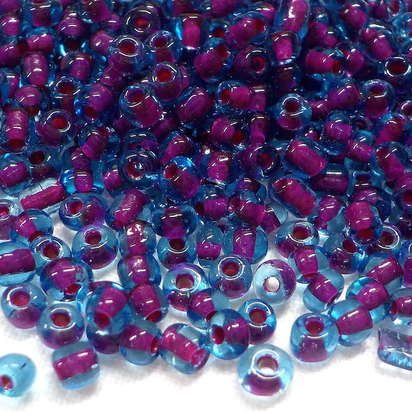 Glass Seed Round Beads size 8/0, Transparent Blue Fuchsia Lined Bead, Tiny Beads, Embroidery Jewelry Supplies, 3mm (Ø 0.9mm) - 890pcs/20g