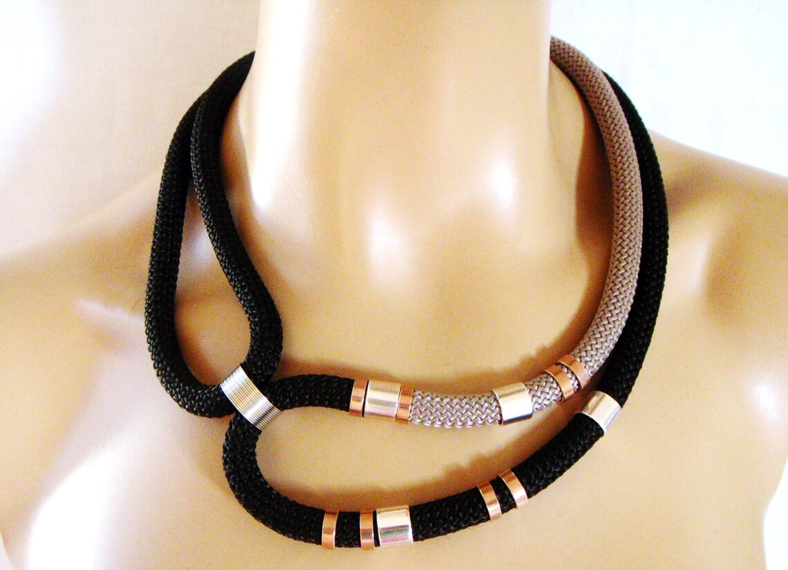 Rope Tribal Necklace Statement Necklace Black and Gray Rope Etsy
