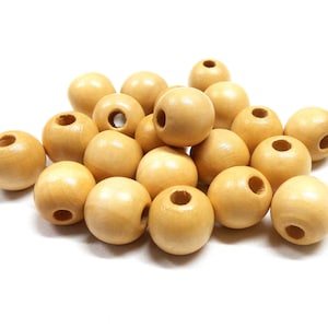Beige Round Wooden Beads, Beige Wooden Balls, Beige Wood Beads, 15-16mm/ Ø 4-5mm - 10 pcs