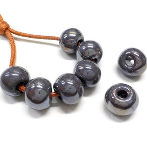 Dark Gray Round Ceramic Beads, Handmade Enameled Ceramic Balls, Glazed Greek Organic Ceramic, Dark Grey Ceramic Beads, 14x18mm - 2 pcs