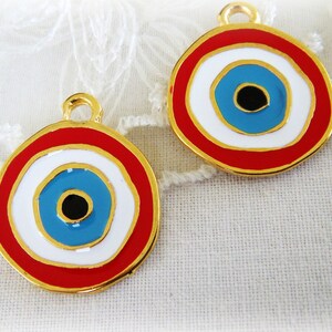 Gold Plated Red Enamel Evil Eye Charm Pendant, Good Luck Pendant, Gold Metal, Round Evil Eye Pendant 20mm - 1 piece