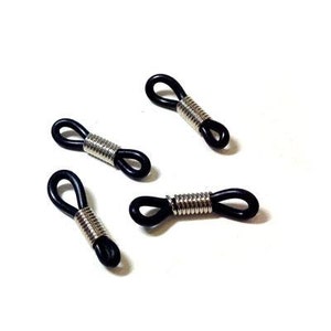 Adjustable Eyeglass Holder Ends, Black Rubber Silicon Grips with Silver Coils, Replacement Loops for Glasses Chains. Rubber Parts - 10 pcs