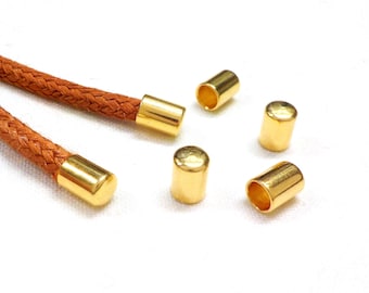 Tapas de extremo de latón chapadas en oro de 24 quilates de 5,5 x 4 mm sin bucle ni orificio para cordón de 3 mm, borde de cuero, terminadores de cordón (Ø 3,2 mm) - 8 piezas