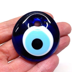 Blue Evil Eye Glass Round Pendant, Large Evil Eye Flat Bead, Good Luck Pendant, Protective Symbol, Home Decor, Nazar, Talisman - 1 piece