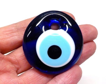 Blue Evil Eye Glass Round Pendant, Large Evil Eye Flat Bead, Good Luck Pendant, Protective Symbol, Home Decor, Nazar, Talisman - 1 piece