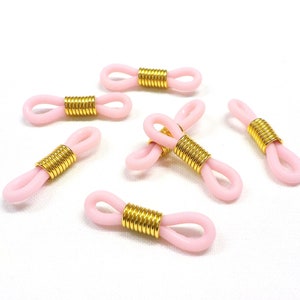 Adjustable Eyeglass Holder Ends, Pink Rubber Silicon Grips with Gold Coils, Replacement Loops for Glasses Chains, Rubber Parts - 10 pcs
