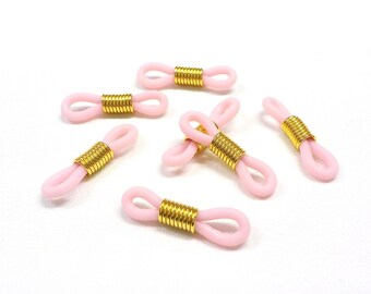 Adjustable Eyeglass Holder Ends, Pink Rubber Silicon Grips with Gold Coils, Replacement Loops for Glasses Chains, Rubber Parts - 10 pcs