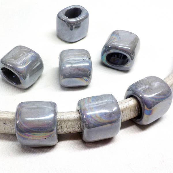 Ceramic Bead Tube Slider for Oval Cord, Cool Gray, Ice Grey, Iridescent Oil On Water Ceramic for Licorice Rubber Cord 10x6mm - 1 pc