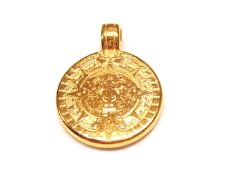 Mayas Calendar 24K Gold Plated Disc Pendant, Mayas Charm, Ancient Maya Disc, Mayan Civilization, Double Sided Pendant, 16mm  - 1 piece