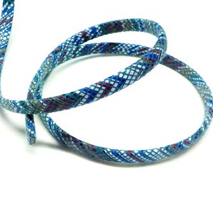 May include: A blue and white patterned trim with a woven texture. The trim has a geometric design with red, gold, and green accents.