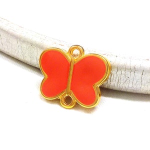 Coral Enamel Butterfly Charm Pendant, Gold Plated Butterfly Macrame Connector, Tiny Charm, Small Charm, Gold Metal 18x15mm approx. - 1 piece