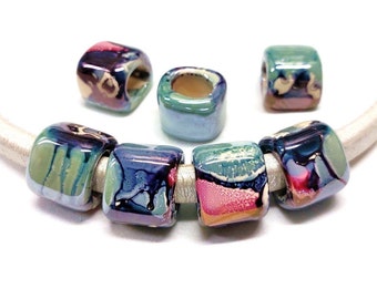 Ceramic Bead Tube Slider for Oval Licorice Cord, Purple Blue Red Green Multi Ceramic Cube, Enameled Ceramic Bead for Cord 10x6mm - 1 pc