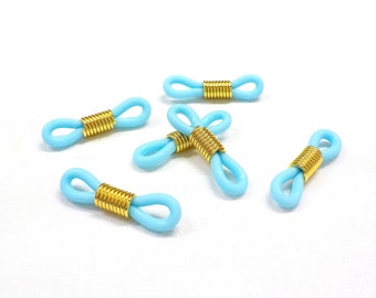 Adjustable Eyeglass Holder Ends, Blue Rubber Silicon Grips with Gold Coils, Replacement Loops for Glasses Chains, Rubber Parts - 10 pcs