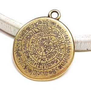 Bronze Plated Large Disc Pendant, Ancient Minoan Cretan Phaistos Disc, Greek Design, Double Sided Festos Pendant, 33x35mm - 1 piece