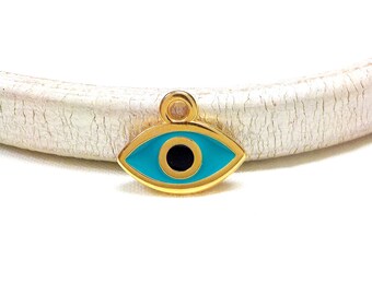 Gold Plated Evil Eye with Turquoise Enamel, Gold Metal Evil Eye Charm Pendant, Good Luck Tiny Charm, Small Charm, 15x8mm - 1 piece