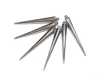 CCB Large Spike Cone Beads, Spike Charms, Spike Pendants, Silver Plated Lightweight Beads 6.5 x 47mm - 10 pieces