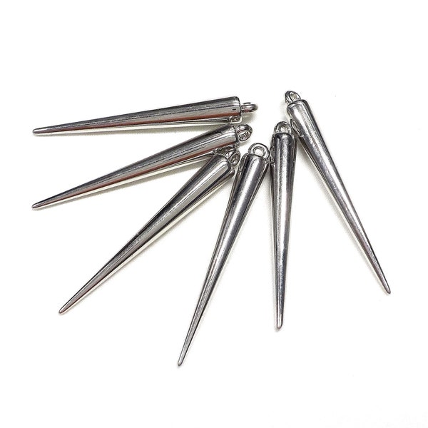 CCB Large Spike Cone Beads, Spike Charms, Spike Pendants, Silver Plated Lightweight Beads 6.5 x 50mm - 10 pieces