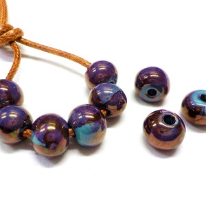 Petrol Purple Round Ceramic Beads, Handmade Enameled Ceramic, Glazed Greek Ceramic, Organic Round Large Ceramic Beads, 14x11mm - 2 pcs