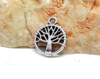 Silver Plated Tree of Life Charm, Bohemian Tree of Life Charm, Chakra Buddhist Zen Charm, Yoga Namaste Charm, 10mm Round Charm - 4 pcs