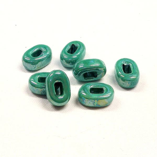 Ceramic Bead Tube Slider, Green Ceramic Beads, Iridescent Oil On Water Ceramic Beads, Enameled Ceramic Beads, 5x12mm (Ø 4x2.5mm) - 4pcs