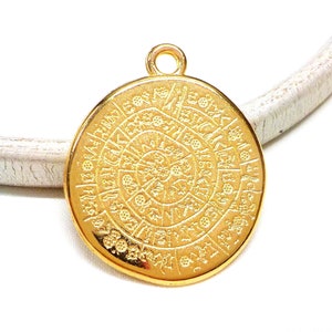 24K Gold Plated Large Disc Pendant, Ancient Minoan Cretan Phaistos Disc, Greek Design, Double Sided Pendant, Unisex Necklace, 33x35mm - 1 pc