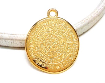 24K Gold Plated Large Disc Pendant, Ancient Minoan Cretan Phaistos Disc, Greek Design, Double Sided Pendant, Unisex Necklace, 33x35mm - 1 pc