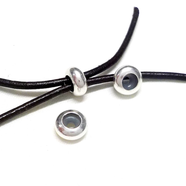 Perles d'arrêt en argent avec tube en caoutchouc, perles d'arrêt coulissantes fermoirs Smart Rondelle pour bracelets réglables pour 2 cordons de 2 mm chacun - 2 pièces