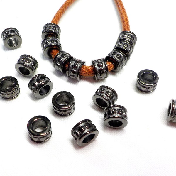 Gun Metal Ethnic Metal Bead Washers, Bead Spacers, Tube Metal Beads, Gunmetal Sliders, Patterned Tiny Beads, 4x6mm (Ø 3.3mm) - 10 pcs