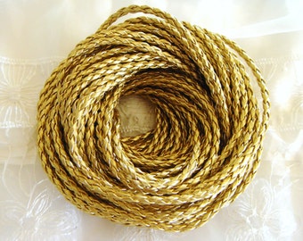 Gold Braided Eco Leather Cord, Faux leather 3mm Cord, Sold in 1 Yard/ 0,92 m approx. Lengths