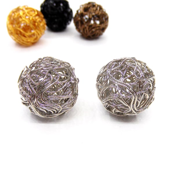 Rhodium Steel Wire Beads, Wire Ball Beads, Wire Mesh Beads, Round Wire Beads, Hollow Twist Wire Ball Beads, 18mm - 2 pieces