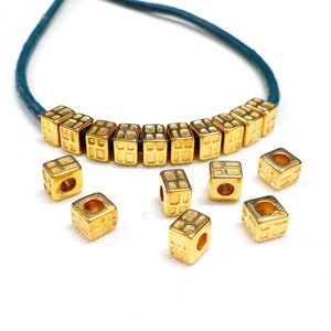 Gold Plated Patterned Cube Beads, Square Spacer Beads, Metal Geometric Beads, Cube Slider, Small Silver Beads, 3.7x3mm (Ø 1.7mm) - 10 pcs