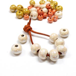 Round Ceramic Beads, Handmade Enameled Ceramic, Glazed Greek Ceramic, Organic Round Large Ceramic Beads, Off White Cream 15x11mm - 2 pcs