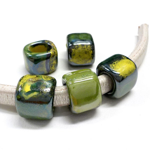 Ceramic Bead Tube Slider for Oval Cord, Green Yellow Multi Ceramic Cube, Enameled Ceramic Bead for Oval Licorice Leather 10x6mm - 1 pc