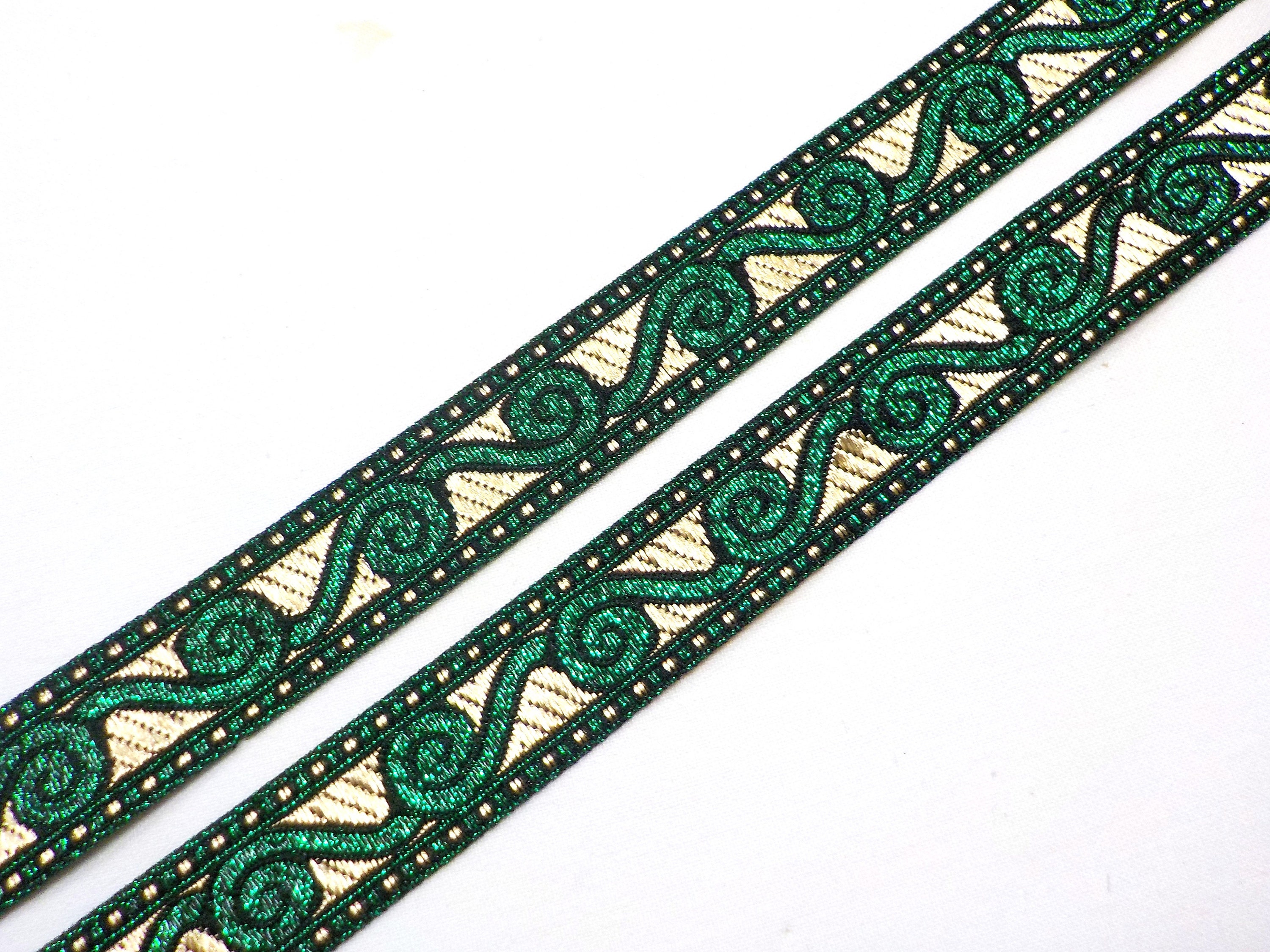 Green Gold Woven Embroidered Jacquard Trim Metallic Ribbon, Sparkle Ethnic Ribbon, Home Decor Card Bag Border Bow Making Ribbon 20mm -1 yard
