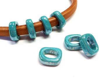 Ceramic Bead Tube Slider Turquoise Iridescent, Oil On Water for use Oval Licorice Leather, Leather Cord 10x6mm - 2 pieces
