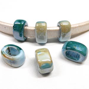 Ceramic Bead Tube Slider Teal Blue Beige Multi, Big Hole Ceramic Bead, Enameled Ceramic Bead for Oval Licorice Leather 10x6mm 1 pc image 2