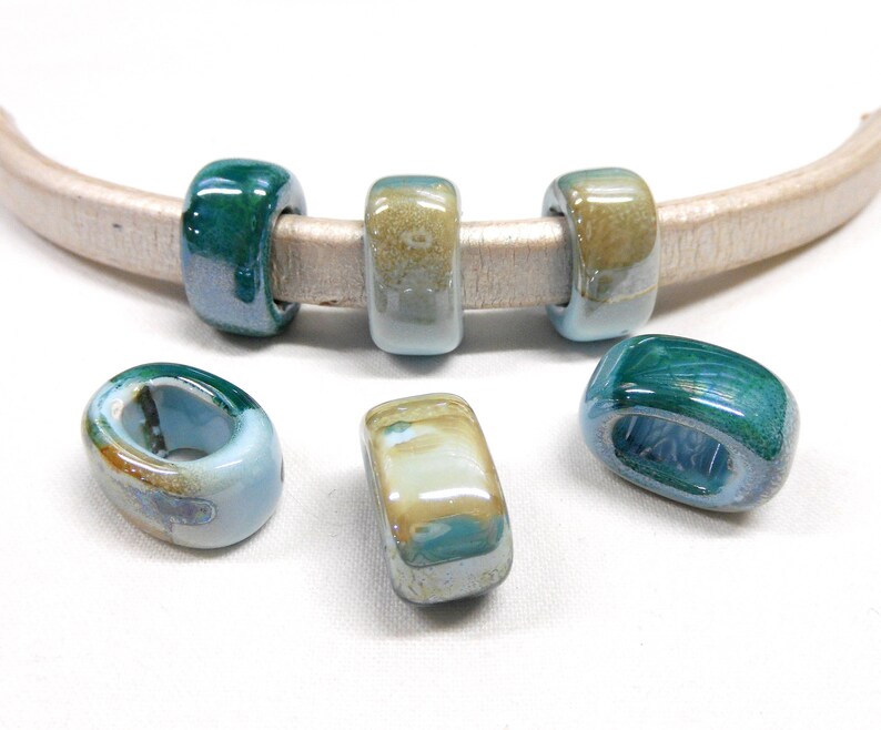 Ceramic Bead Tube Slider Teal Blue Beige Multi, Big Hole Ceramic Bead, Enameled Ceramic Bead for Oval Licorice Leather 10x6mm 1 pc image 2