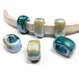 Ceramic Bead Tube Slider Teal Blue Beige Multi, Big Hole Ceramic Bead, Enameled Ceramic Bead for Oval Licorice Leather 10x6mm 1 pc image 3