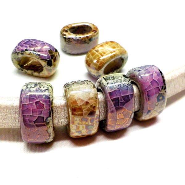 Ceramic Bead Tube Slider for Oval Cord Beige Lilac Purple Multi Ceramic Tube, Crackle Mosaic Bead for Licorice Cord 10x6mm - 1 piece