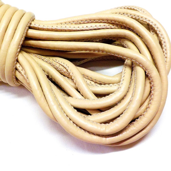 Beige Eco Nappa Leather Cord, Faux Leather 5mm Cord, Stitched Cord, Sold in 1 Yard/  92cm approx.(1 piece)