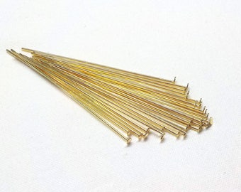 Headpins Gold Plated Over Brass, Flat Head Pins, Wire Wrapping Jewelry, 21 Gauge Headpins, 50mm /0.7mm (2"/0.028") - 25 pieces