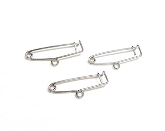 Silver Plated over Brass One Loop Safety Pin Brooch, 1 Hook Safety Pin Brooch, Charm Holder, 25x0.8mm - 5 pièces