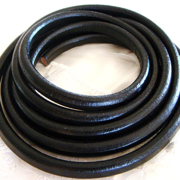 Licorice Black Oval Leather Cord 6.8x9.8mm, Greek leather Cord, Thick leather cord, Leather Bracelets, 7 1/2 inches/19cm - 1 piece