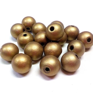 Perles en bois rondes dorées, Boules en bois dorées, Perles en bois dorées, 15-16 mm/ Ø 4-5 mm - 10 pcs