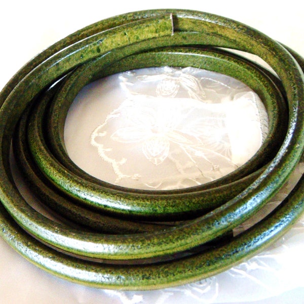 Licorice Dark Green Distressed Olive Oval Leather Cord 6.8x9.8mm, Greek leather Cord, Leather Bracelets, 7 1/2 inches/19cm - 1 piece