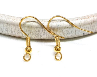 24K Gold Plated Fishhook Earrings, Ball and Coil Earwires, French Hook Brass Earrings, Open Loop Earrings 18mm - 10 pieces