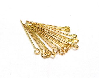 真鍮に金メッキを施したアイピン、アイヘッドピン、ワイヤーラッピングジュエリー、21ゲージヘッドピン、25 mm /0.7 mm (2インチ/0.028インチ) - 50個