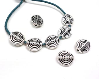 Silver Plated Spiral Ethnic Bead, Flat Spacer Coil, Metal Slider Beads, Round Tribal Boho Coil, Swirl Beads 11x10mm (Ø 1.1mm) - 4 pcs